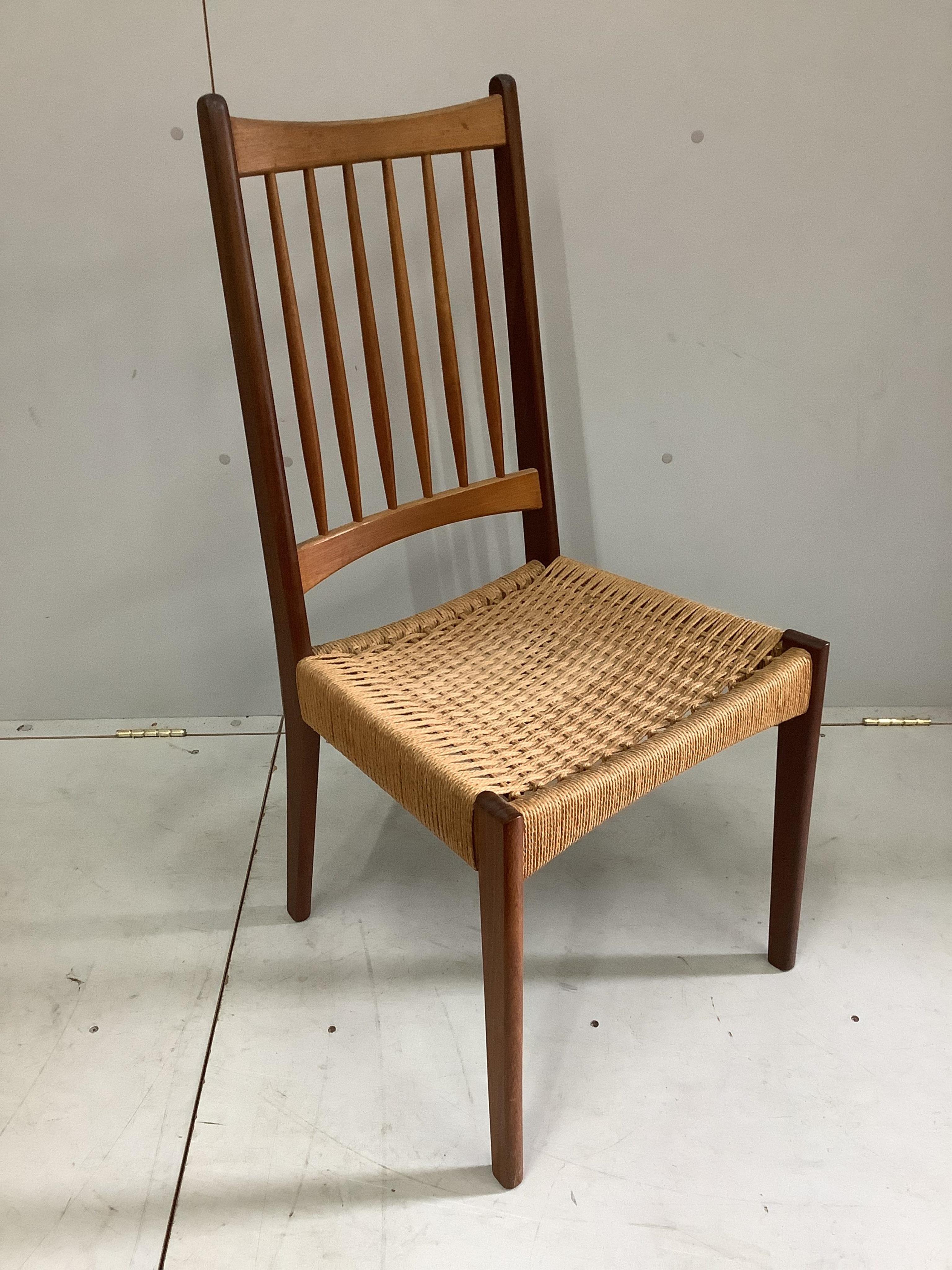 Arne Hovmand Olsen for Mogens Kold, a set of eight teak dining chairs with paper cord seats, width 46cm, depth 44cm, height 98cm. Condition - good